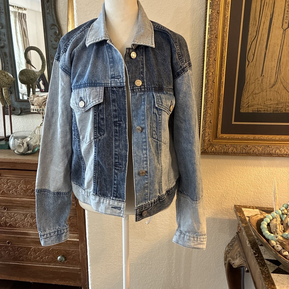 GAP Patchwork Denim Jean Jacket Womens Trucker Blue Cotton Sz Small Tall